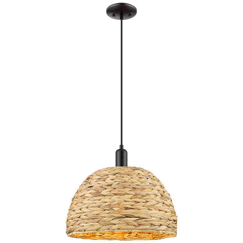 Image 1 Arcadia Woven Rattan 16" Wide Matte Black Cord Hung Mini Pendant With