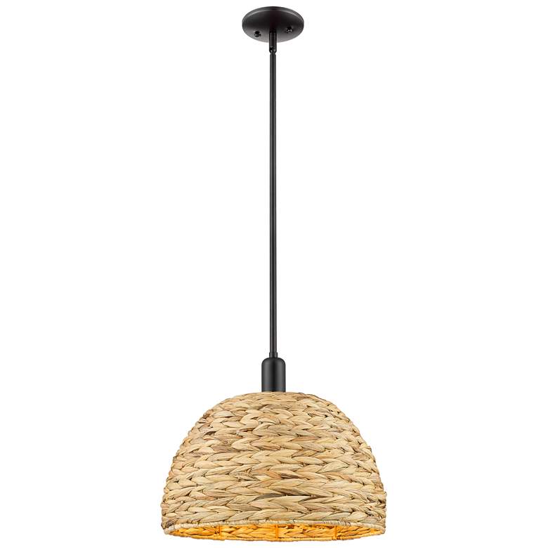 Image 1 Arcadia Woven Rattan 16" Wide Matte Black Stem Hung Mini Pendant With