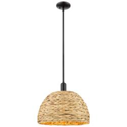 Arcadia Woven Rattan 16" Wide Matte Black Stem Hung Mini Pendant With