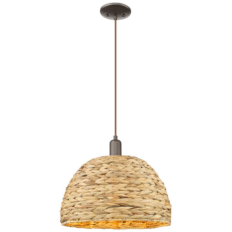 Image 1 Arcadia Woven Rattan 16" Wide Oil Rubbed Bronze Cord Hung Mini Pendant