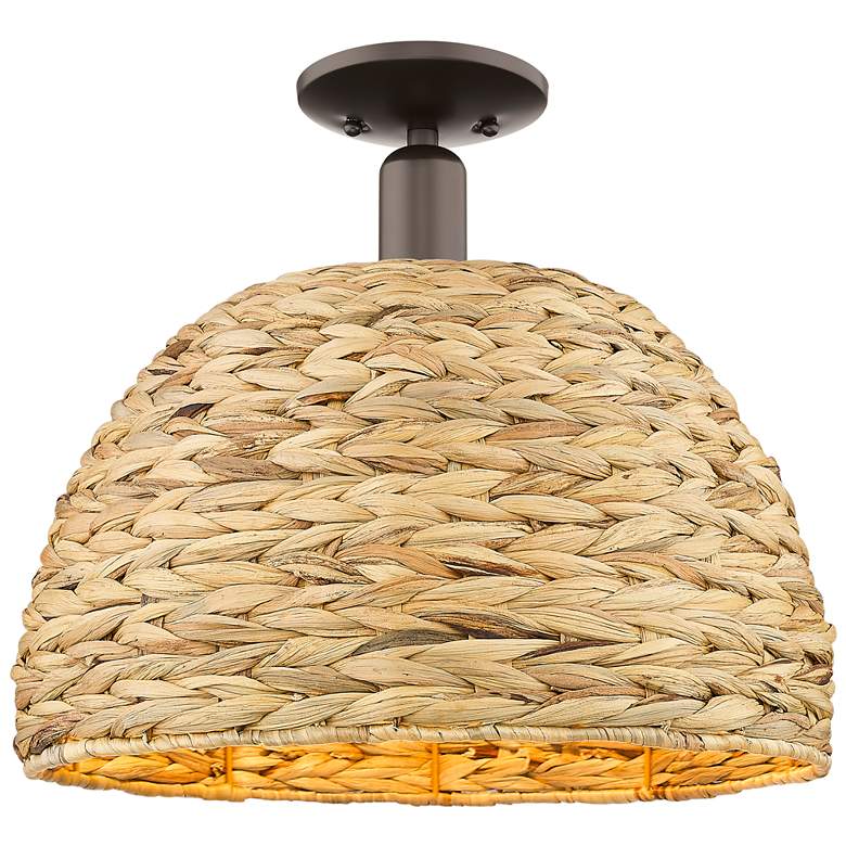 Image 1 Arcadia Woven Rattan 16" Wide Oil Rubbed Bronze Semi.Flush Mount With