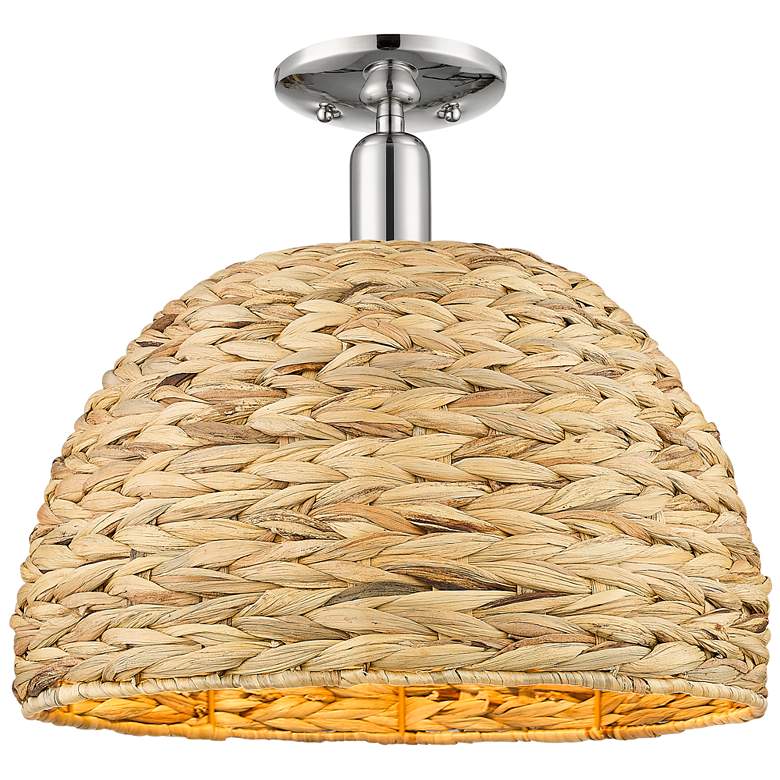 Image 1 Arcadia Woven Rattan 16" Wide Polished Nickel Semi.Flush Mount With