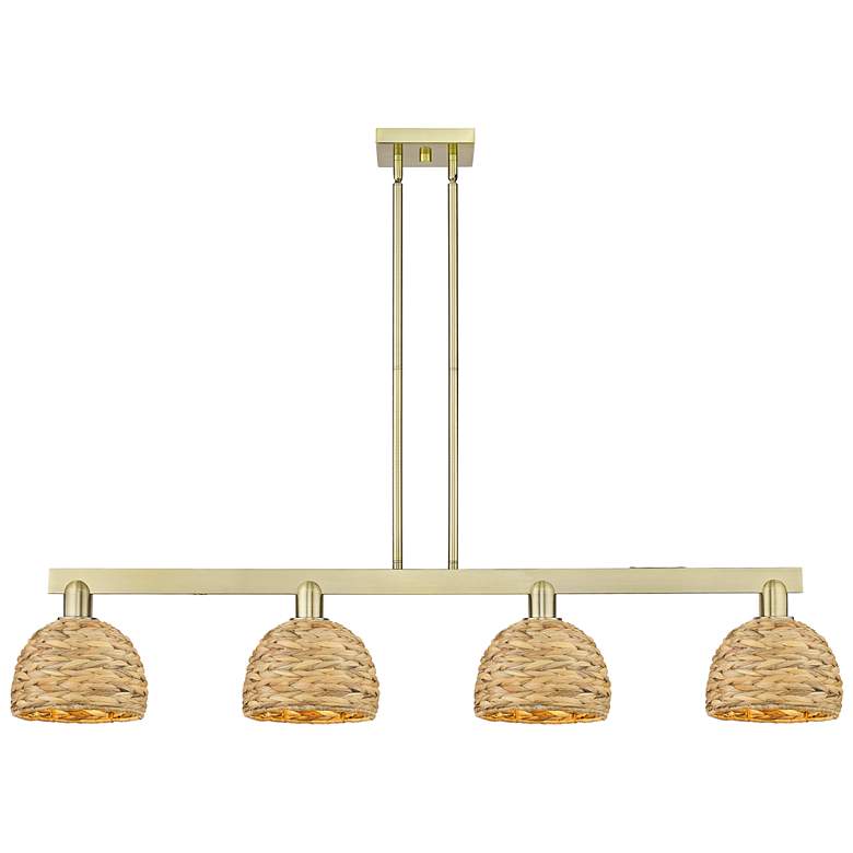 Image 1 Arcadia Woven Rattan 51"W 4 Light Antique Brass Stem Hung Island Light