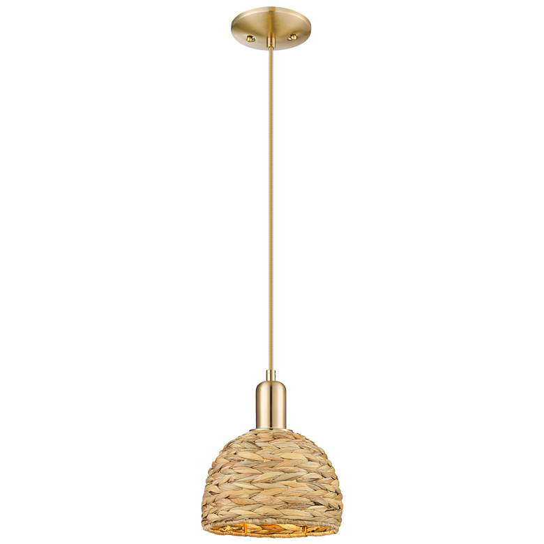 Image 1 Arcadia Woven Rattan 8" Wide Champagne Bronze Cord Hung Mini Pendant