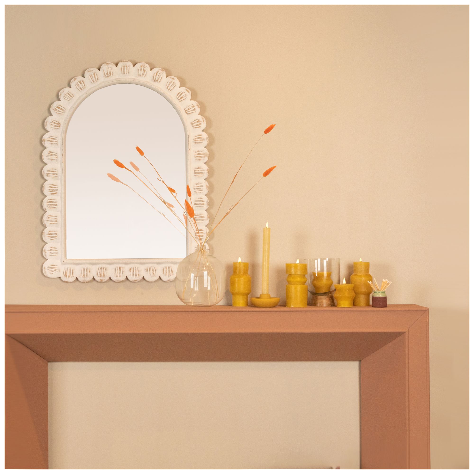 Image 3 Arched Raised Scallop Pattern Wood Wall Mirror, White more views