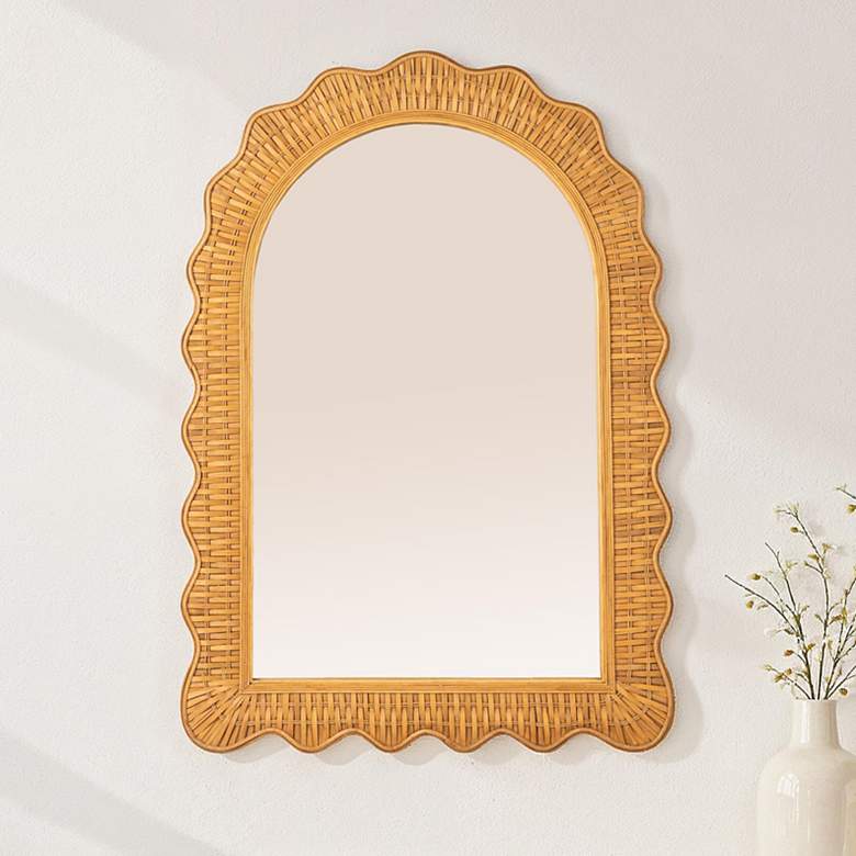 Image 1 Arched Wall Mirror with Scalloped Woven Rattan Frame