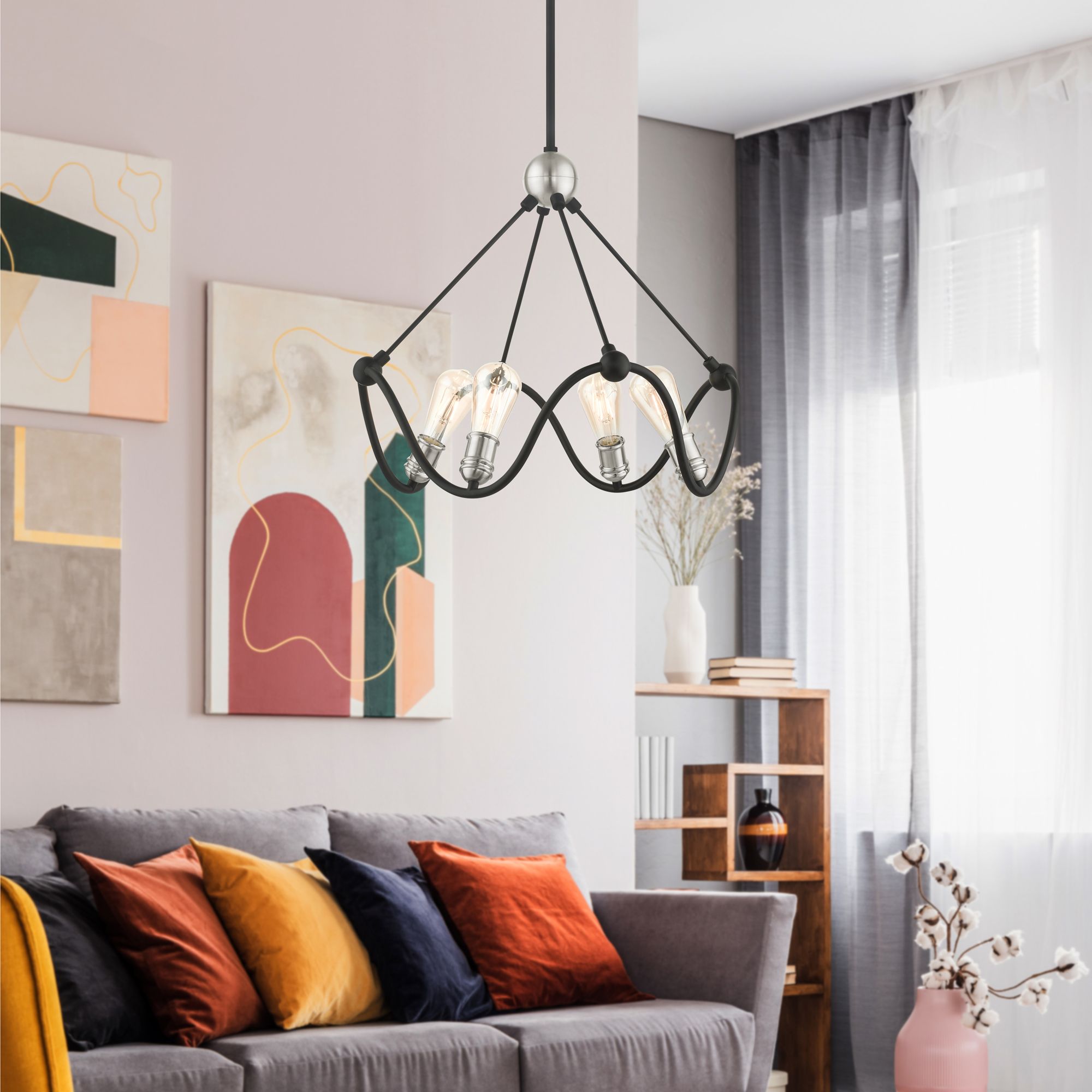 Archer 4 Light Textured Black Chandelier with Brushed Nickel Accents