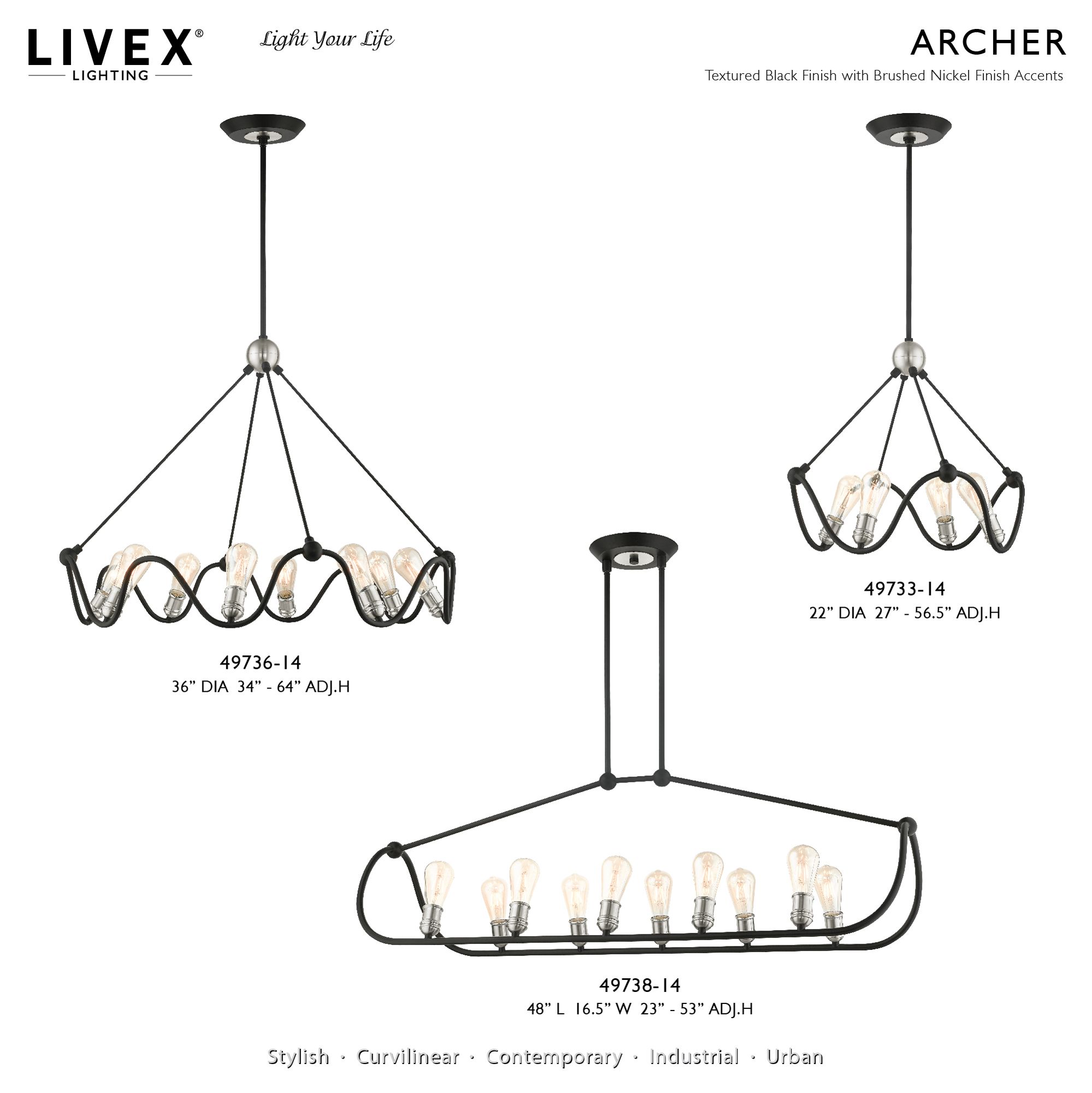 Archer 8 Light Textured Black Chandelier with Brushed Nickel Accents