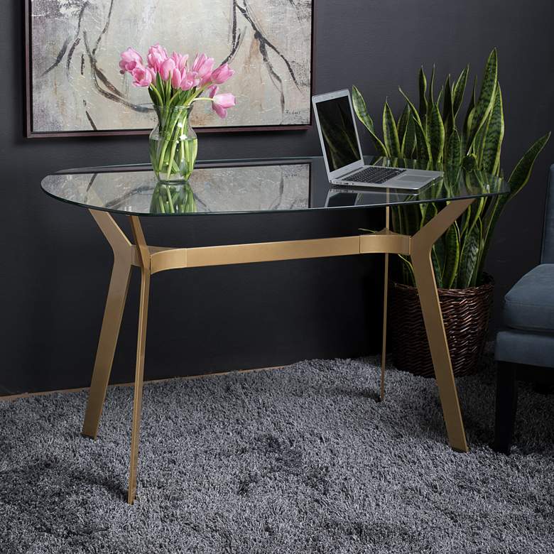 Image 2 ArchTech 48" Wide Tempered Glass Gold Steel Office Desk