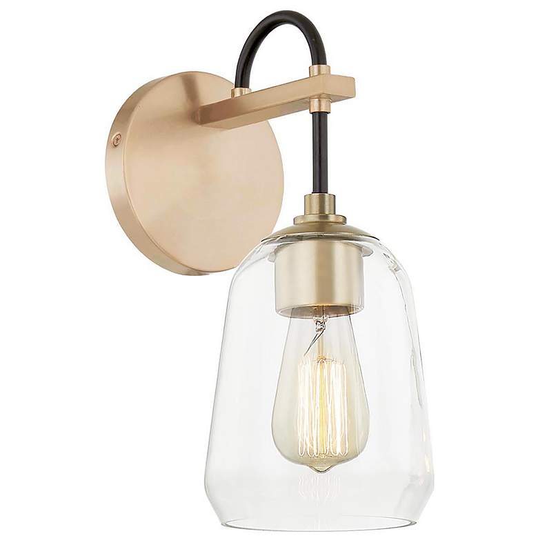 Image 1 Arcwell 12.75"H Brass Accented Matte Black Wall Sconce w/ Clear Glass