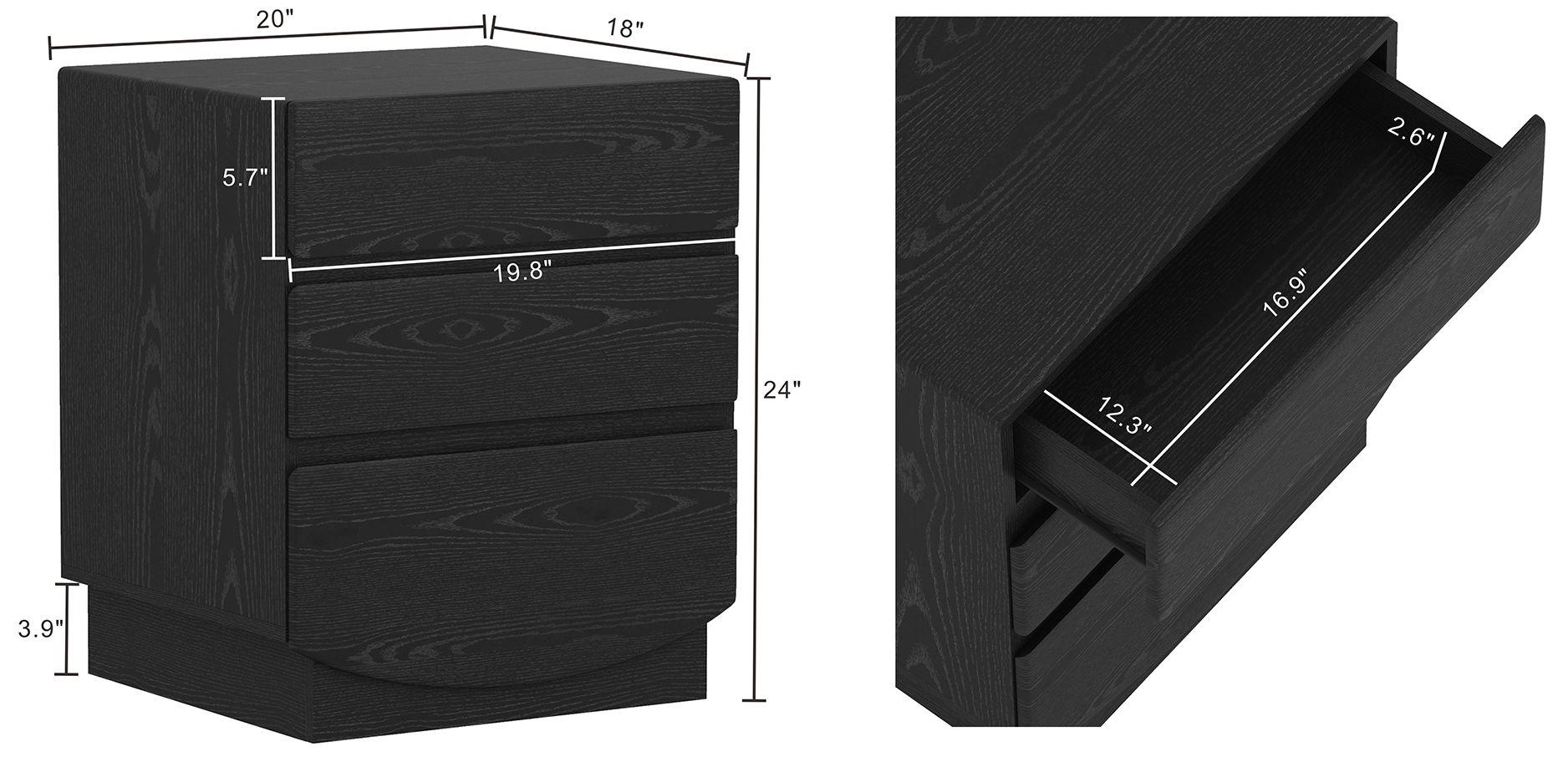 Image 4 Ardea Contemporary 20" Nightstand in Black (3-Drawer) more views