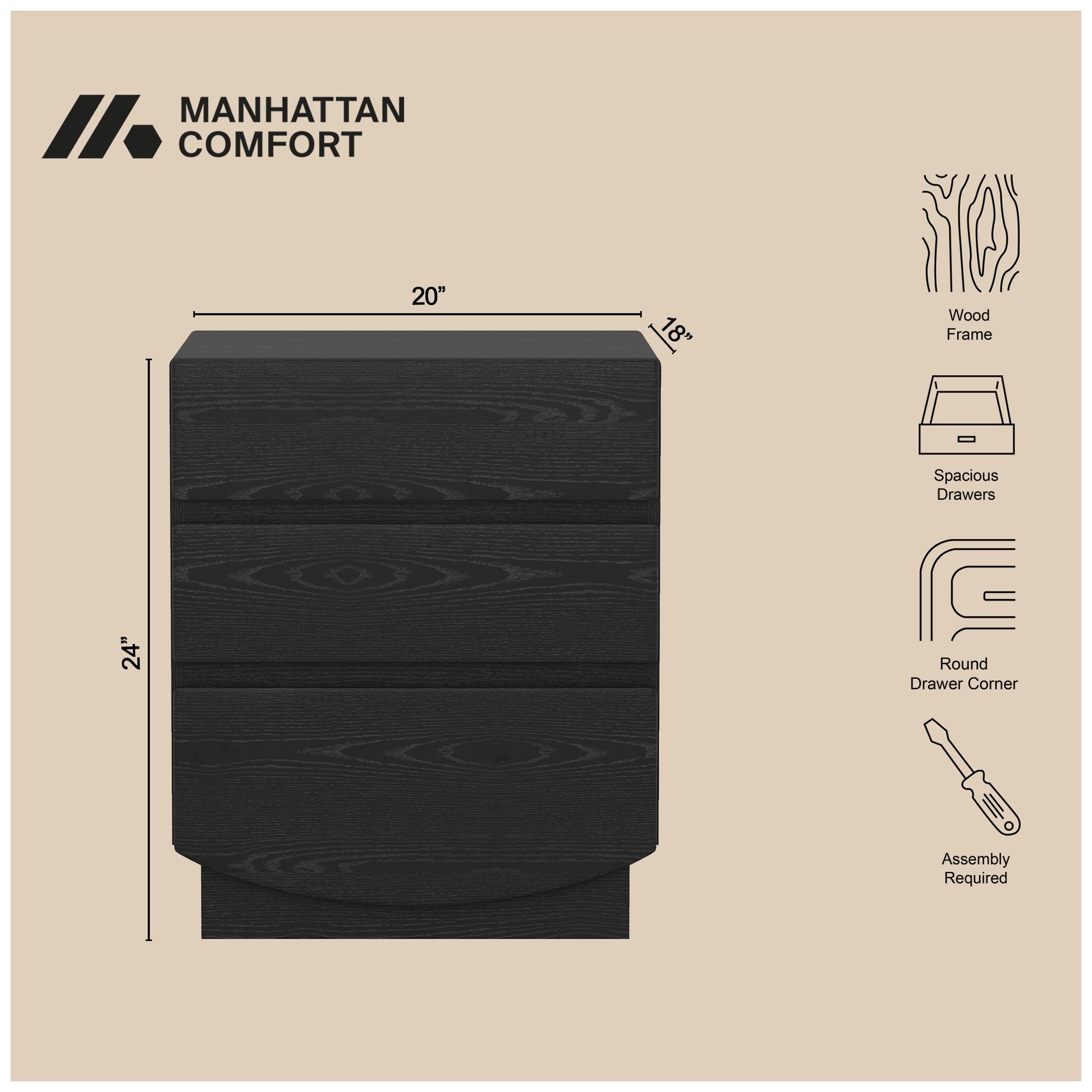 Image 5 Ardea Contemporary 20" Nightstand in Black (3-Drawer) more views