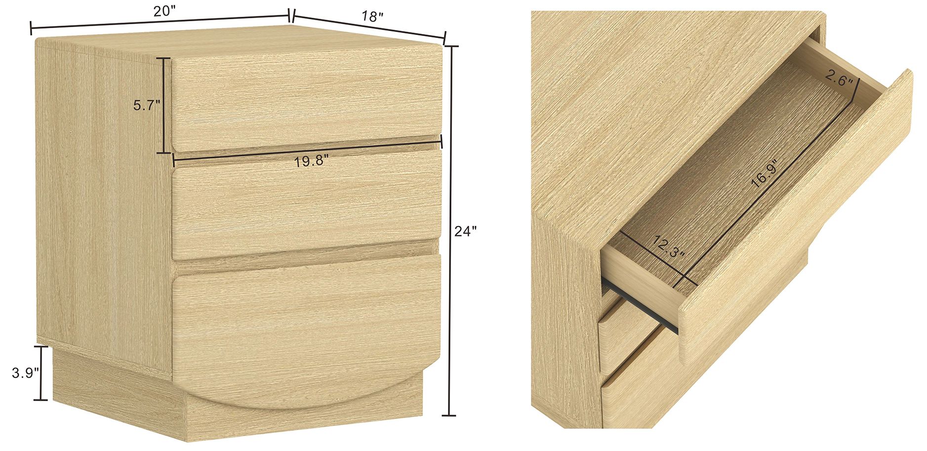 Image 4 Ardea Contemporary 20" Nightstand in Natural Oak (3-Drawer) more views