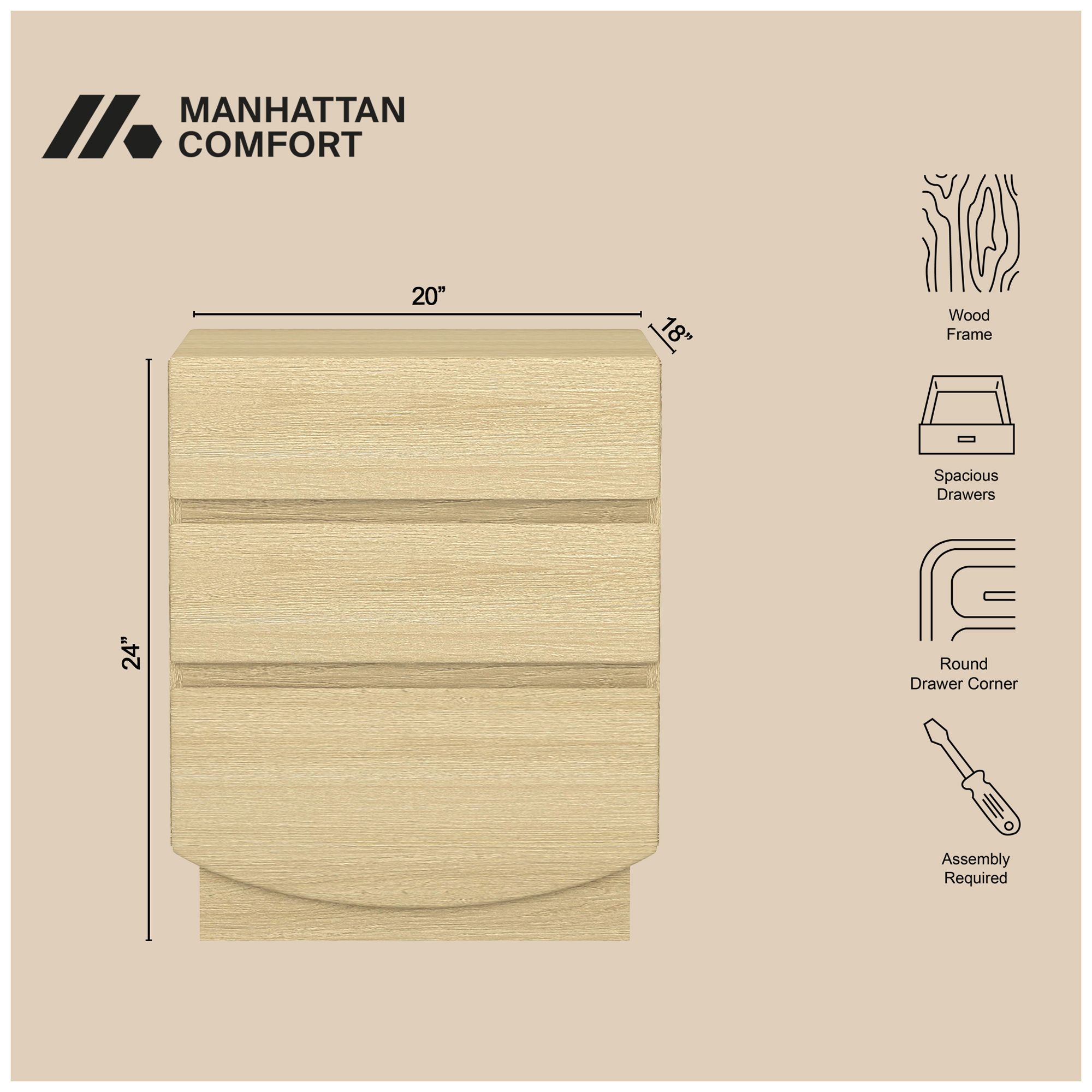 Image 5 Ardea Contemporary 20" Nightstand in Natural Oak (3-Drawer) more views