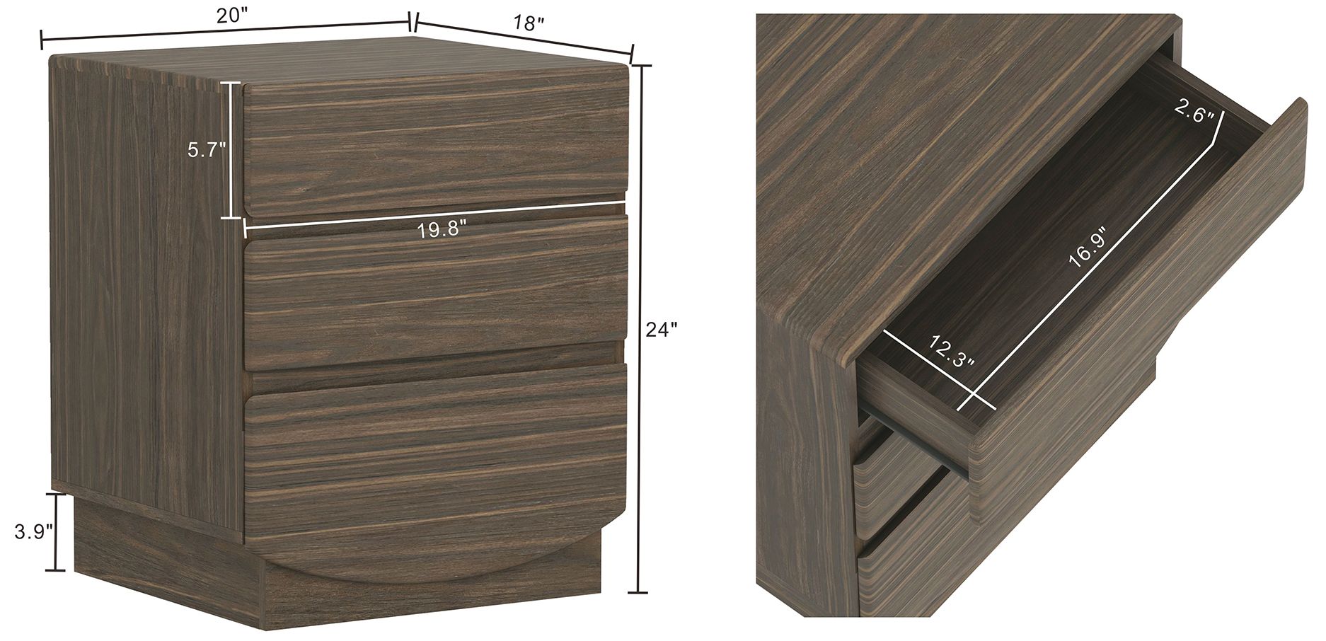 Image 4 Ardea Contemporary 20" Nightstand in Walnut (3-Drawer) more views