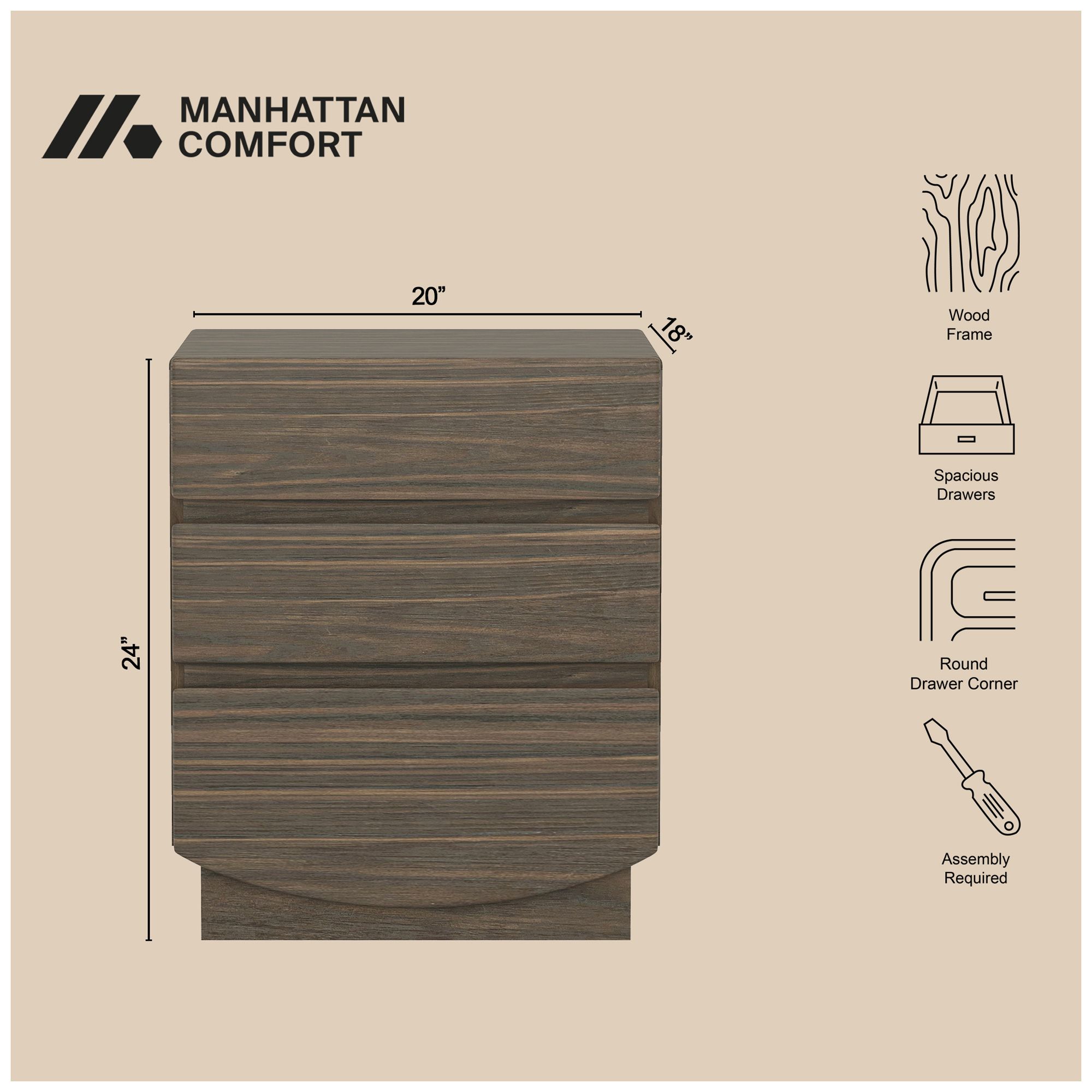 Image 5 Ardea Contemporary 20" Nightstand in Walnut (3-Drawer) more views