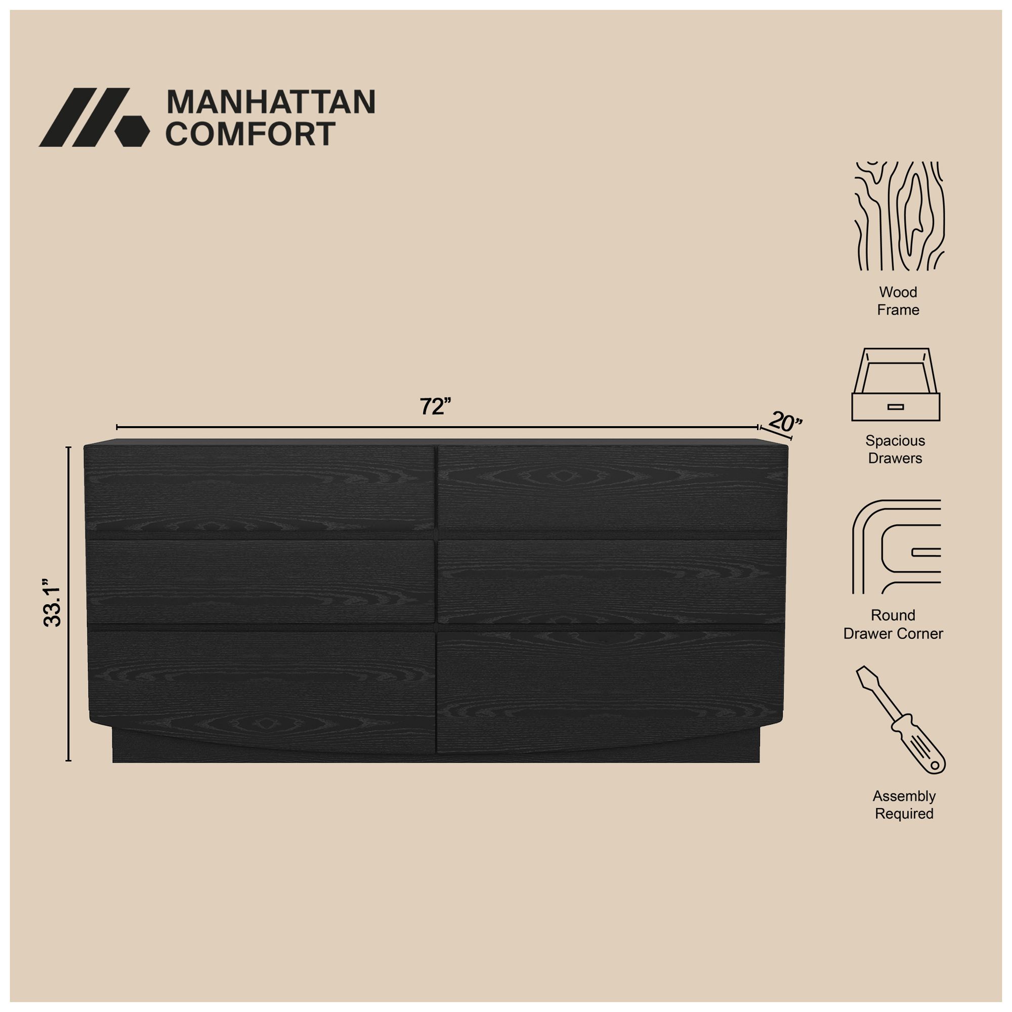 Image 5 Ardea Contemporary 72" Dresser in Black (6-Drawer) more views