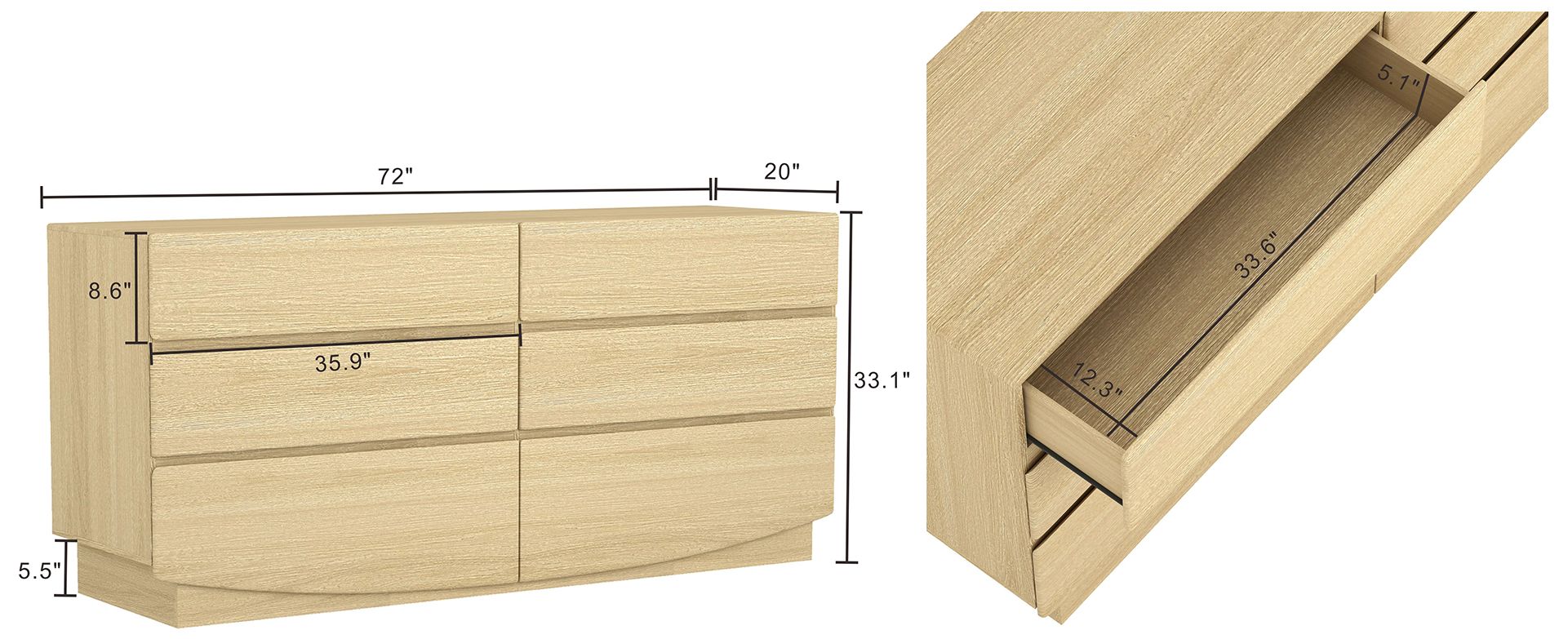 Image 4 Ardea Contemporary 72" Dresser in Natural Oak (6-Drawer) more views