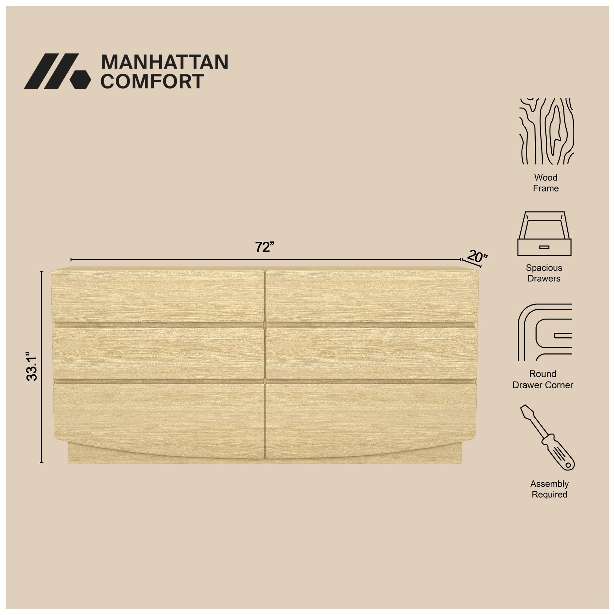 Image 5 Ardea Contemporary 72" Dresser in Natural Oak (6-Drawer) more views