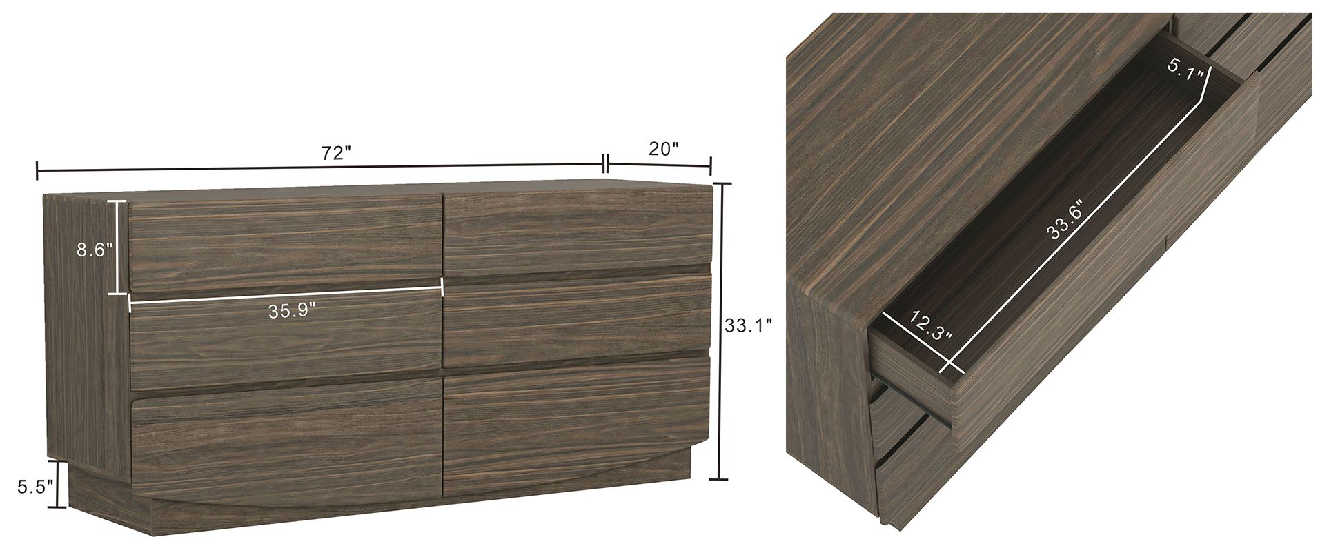 Image 4 Ardea Contemporary 72" Dresser in Walnut (6-Drawer) more views