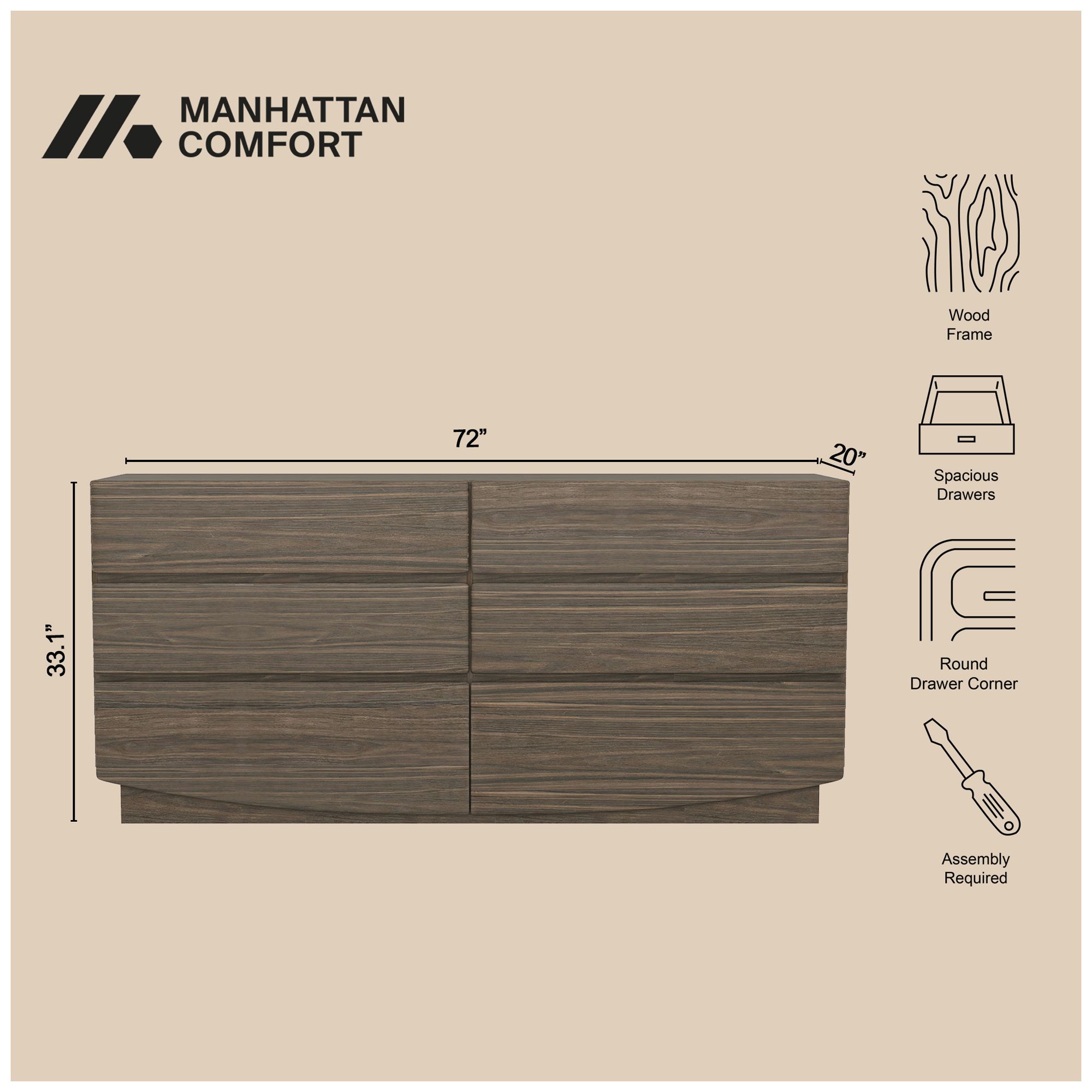Image 5 Ardea Contemporary 72" Dresser in Walnut (6-Drawer) more views