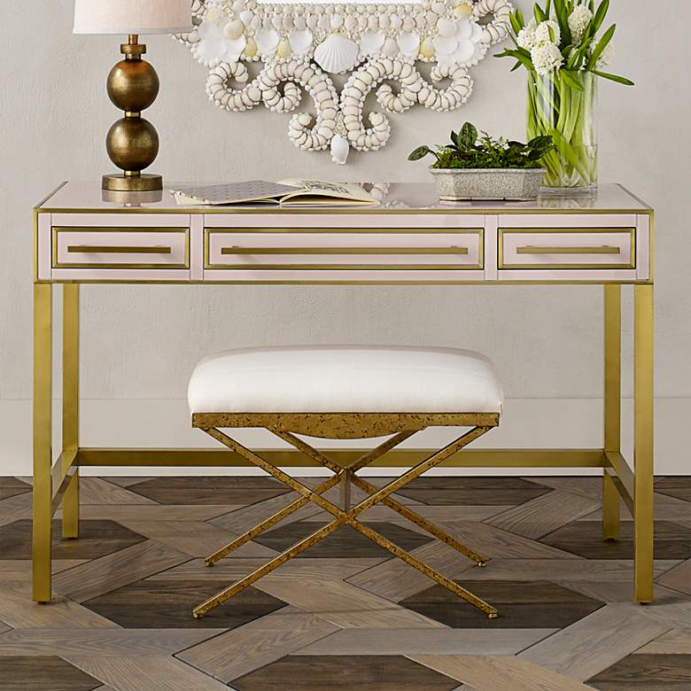 Image 1 Arden 47 1/2 inchW Silver Peony and Brass 3-Drawer Vanity Table