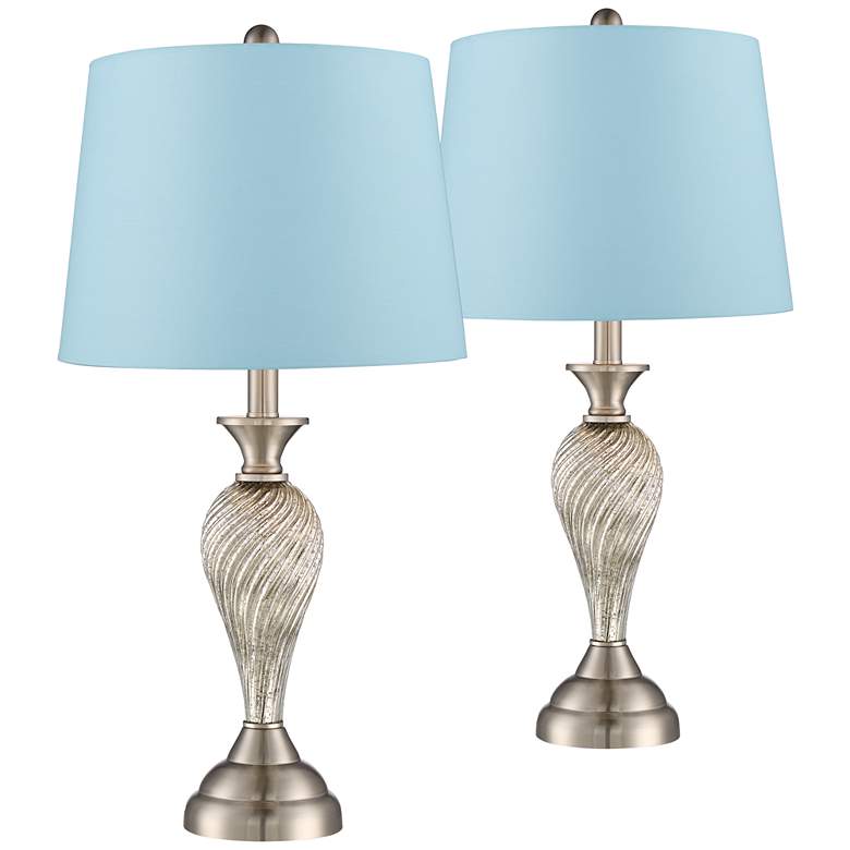Image 1 Arden Brushed Nickel Twist Blue Hardback Table Lamps Set of 2