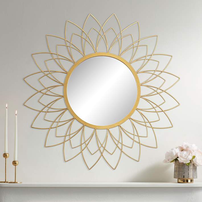 StyleWell Kids Medium Round Ornate Gold Leaf Mirror with Flowers