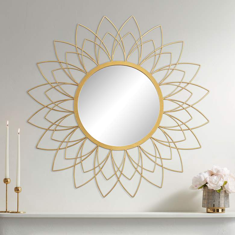 Image 1 Arden Gold Leaf Floral Sunburst 38 1/2" Round Wall Mirror