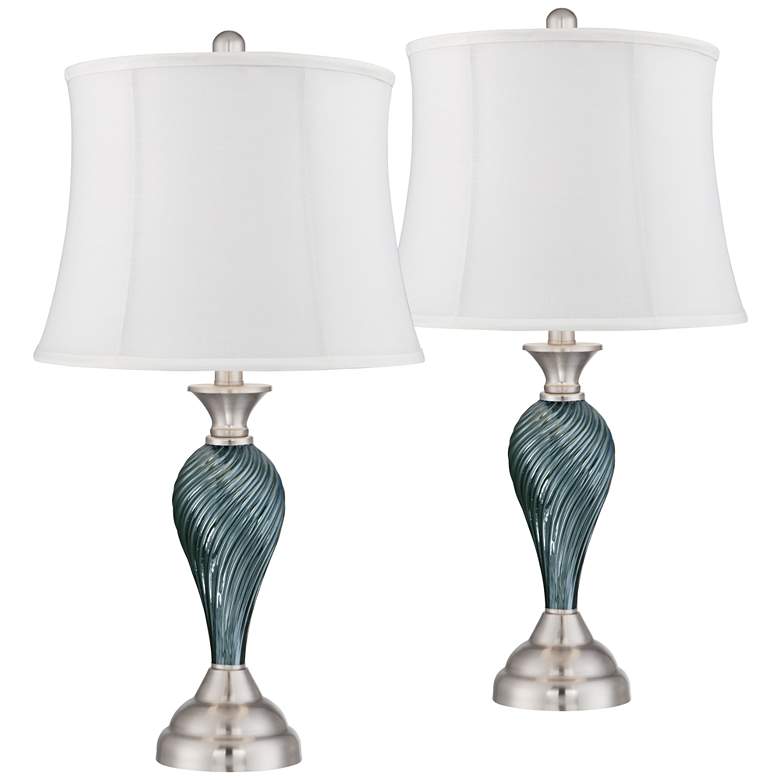Image 1 Arden Green-Blue Glass Twist White Shade Table Lamps Set of 2