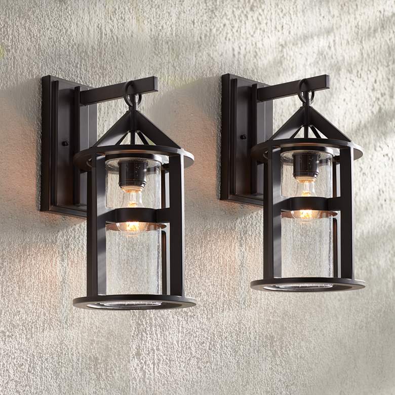 Image 1 Argentine 17" High Glass and Bronze Outdoor Wall Light Set of 2