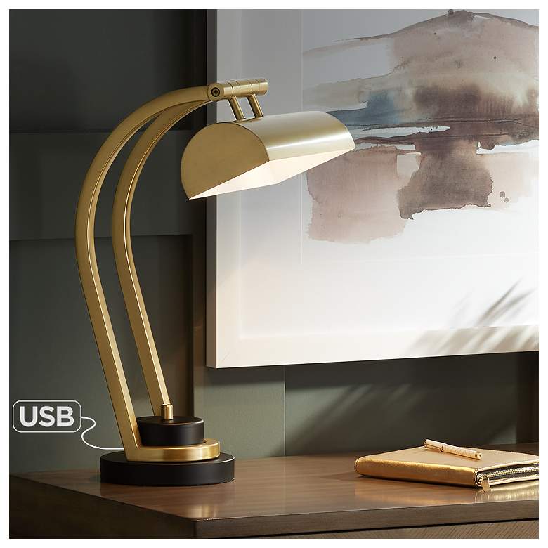 Image 1 Argyle Satin Brass Piano Style Desk Lamp with USB Port