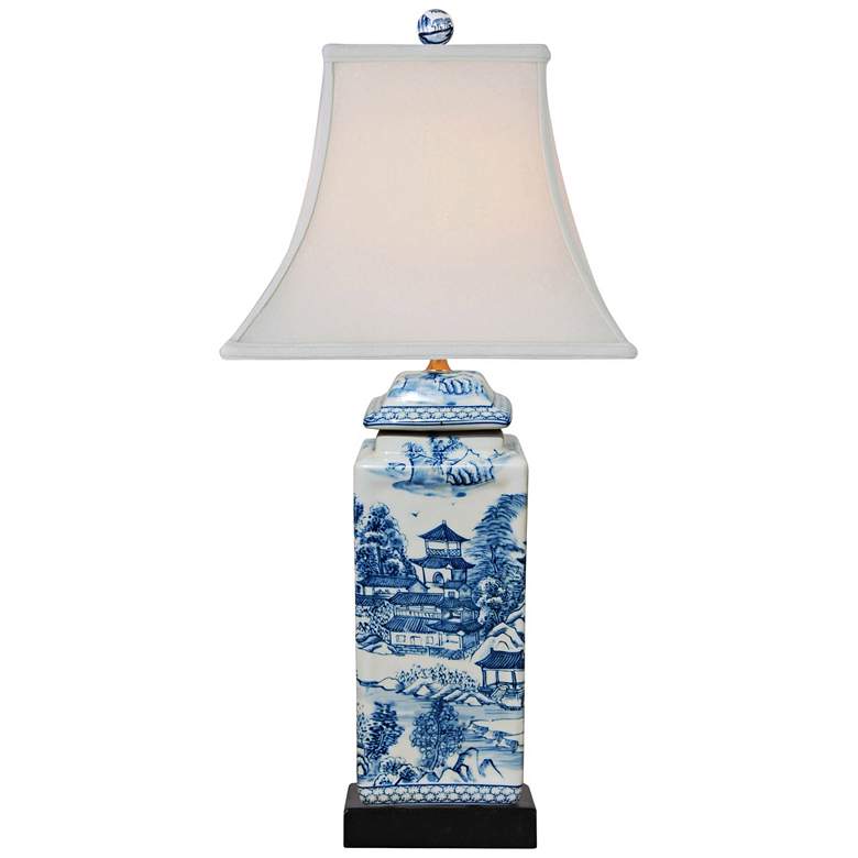 Image 2 Ari Chinoiserie Blue and White Square Jar Table Lamp