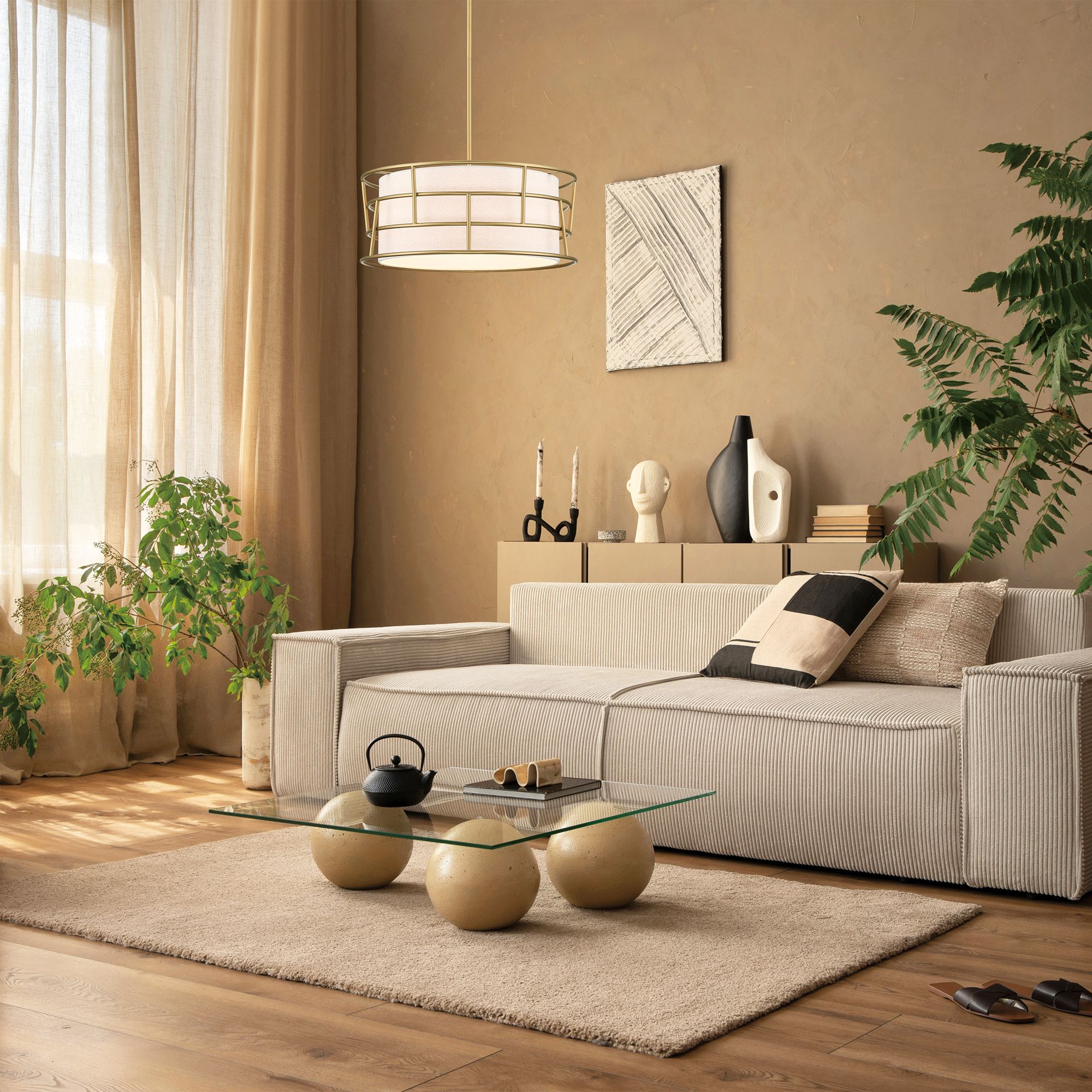 Aria Falls 60 Watt 3-Light Golden Mist Drum Pendant with Fabric Shade