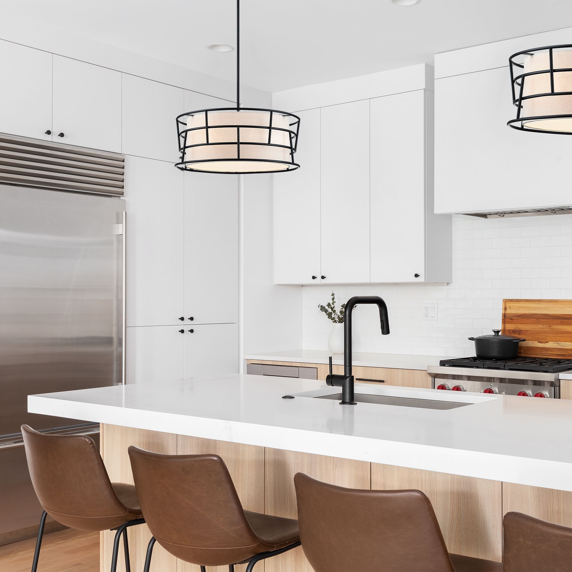 Aria Falls 60 Watt 3-Light Matte Black Drum Pendant with Fabric Shade