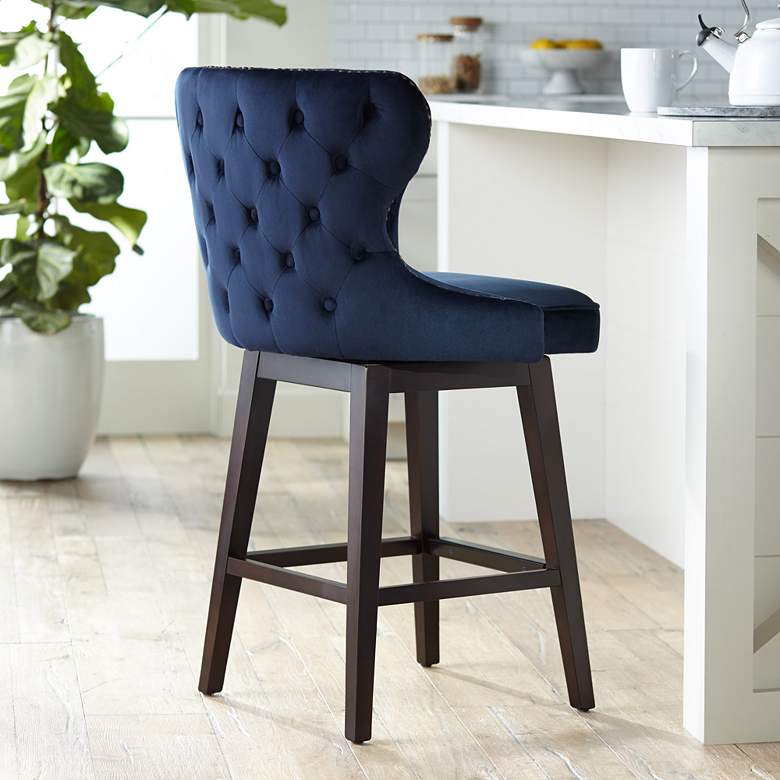 Image 1 Ariana 25 1/2" Brass Trimmed Navy Blue Swivel Counter Stool
