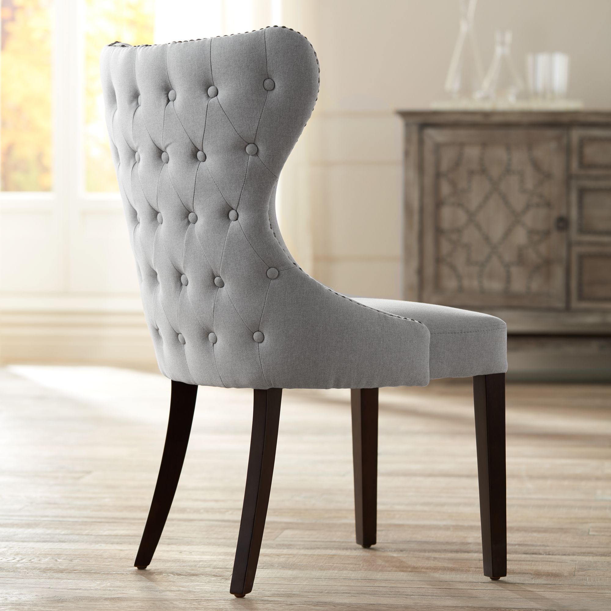 Ariana Light Gray Fabric Tufted Dining Chairs Set of 2 in scene