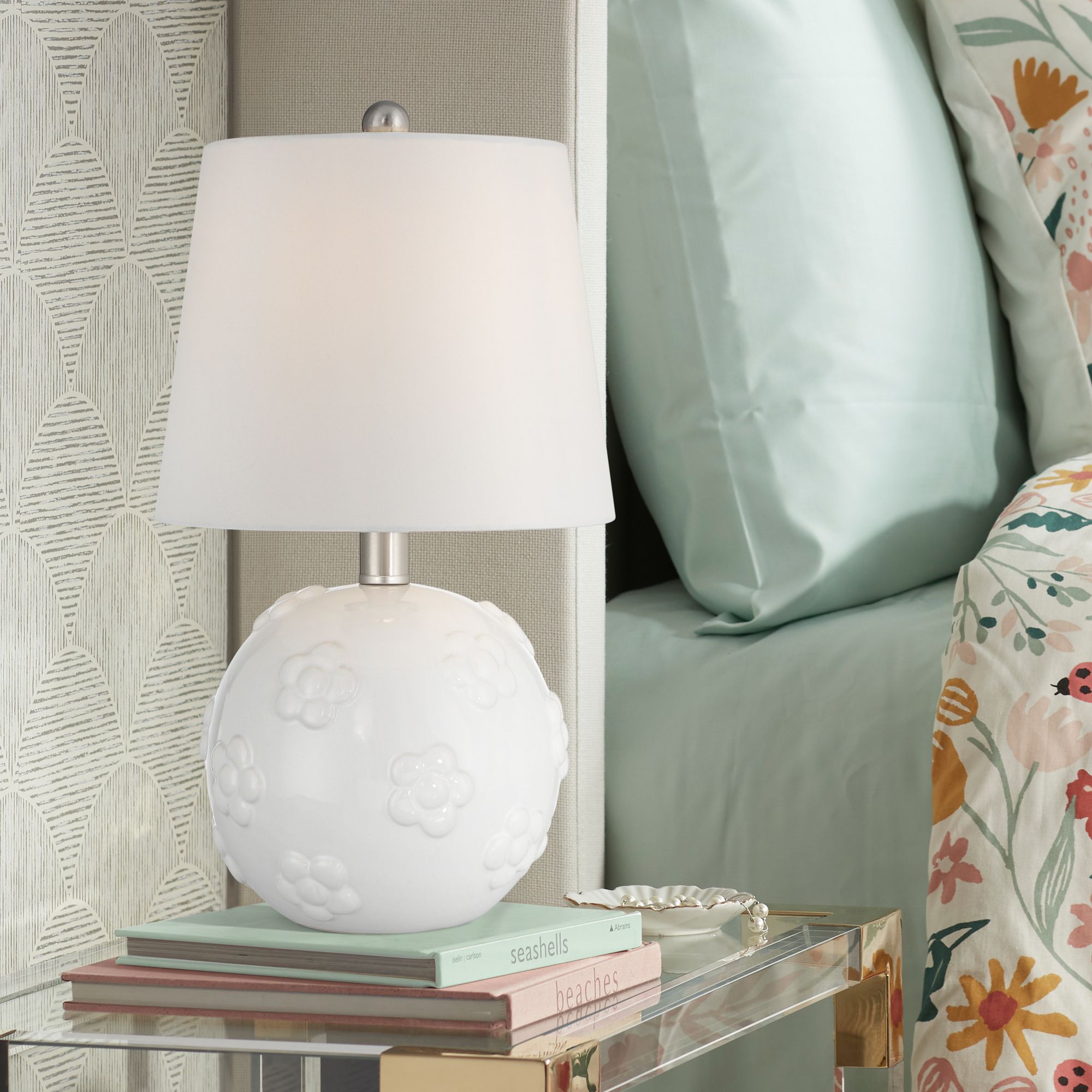 Arianna 16"H White Flower Ceramic Accent Table Lamp Set with Dimmer