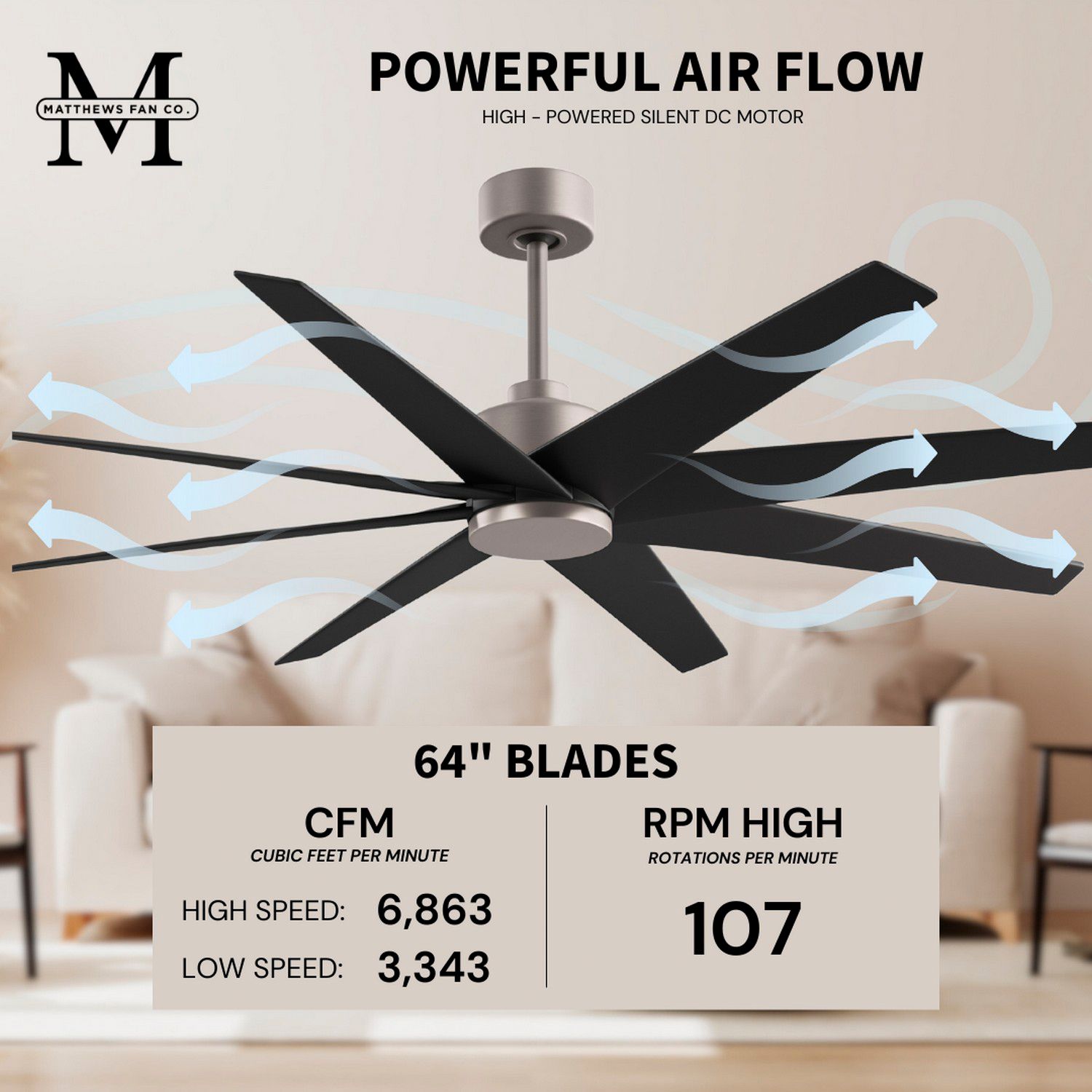 Image 7 Ariella 64" 8-Blade Brushed Nickel Ceiling Fan w/ Matte Black Blades more views