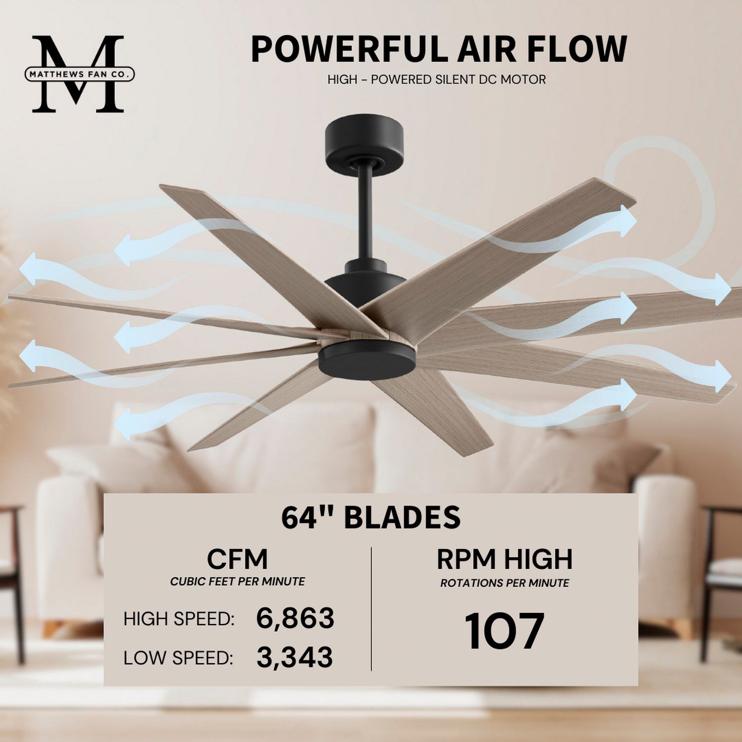 Ariella 64" 8-Blade Matte Black Ceiling Fan w/ Gray Ash Blades