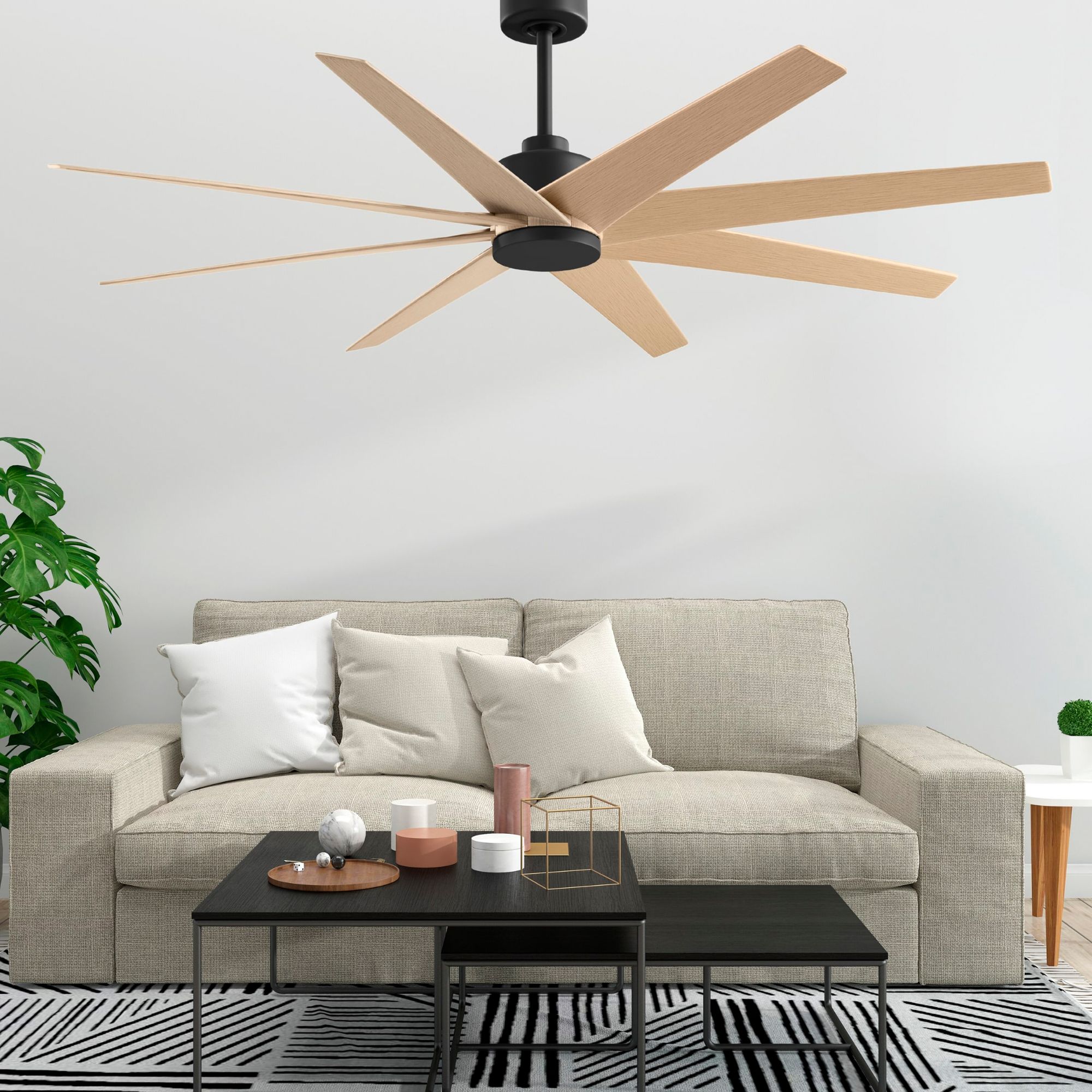 Image 2 Ariella 64" 8-Blade Matte Black Ceiling Fan w/ Light Maple Blades more views