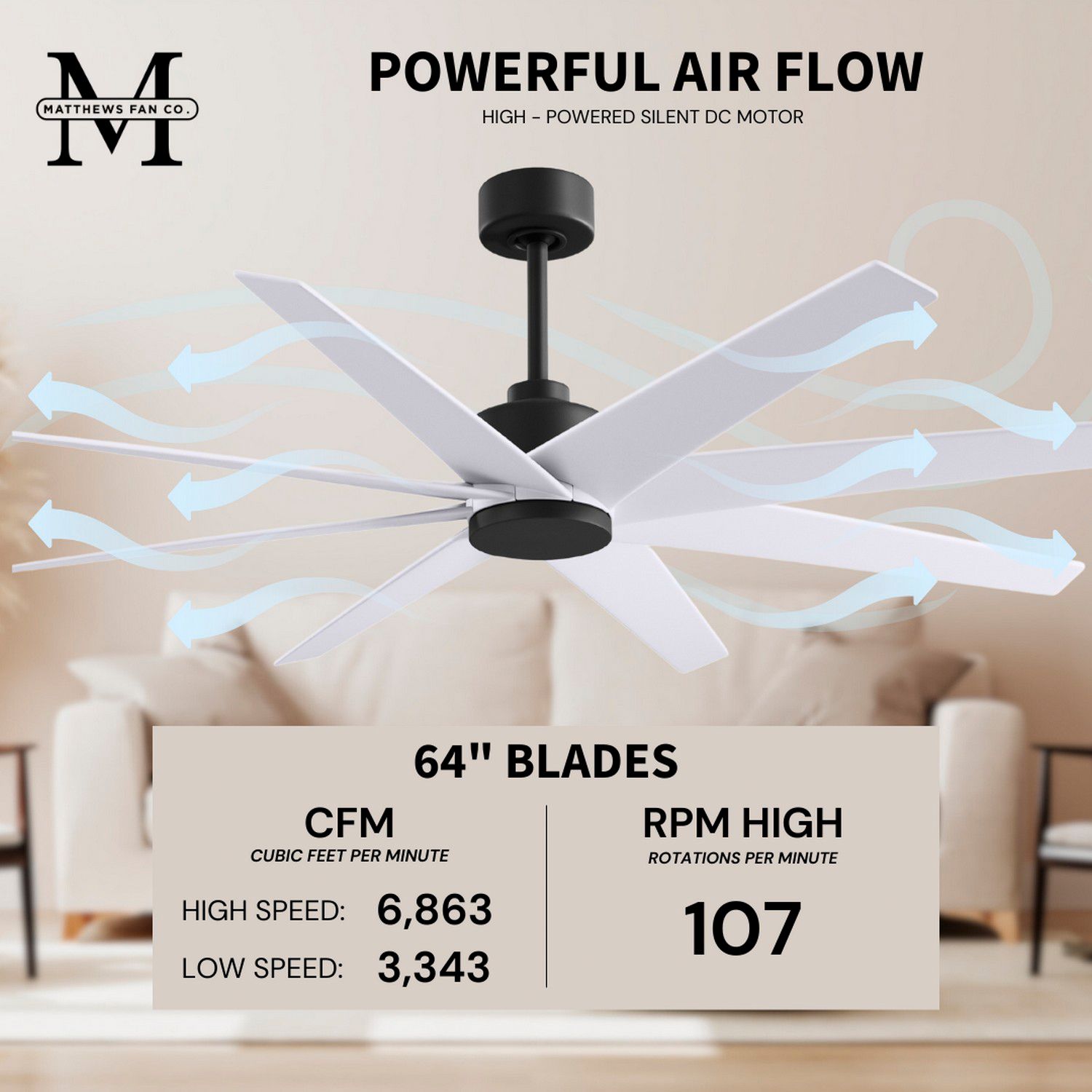 Image 7 Ariella 64" 8-Blade Matte Black Ceiling Fan w/ Matte White Blades more views