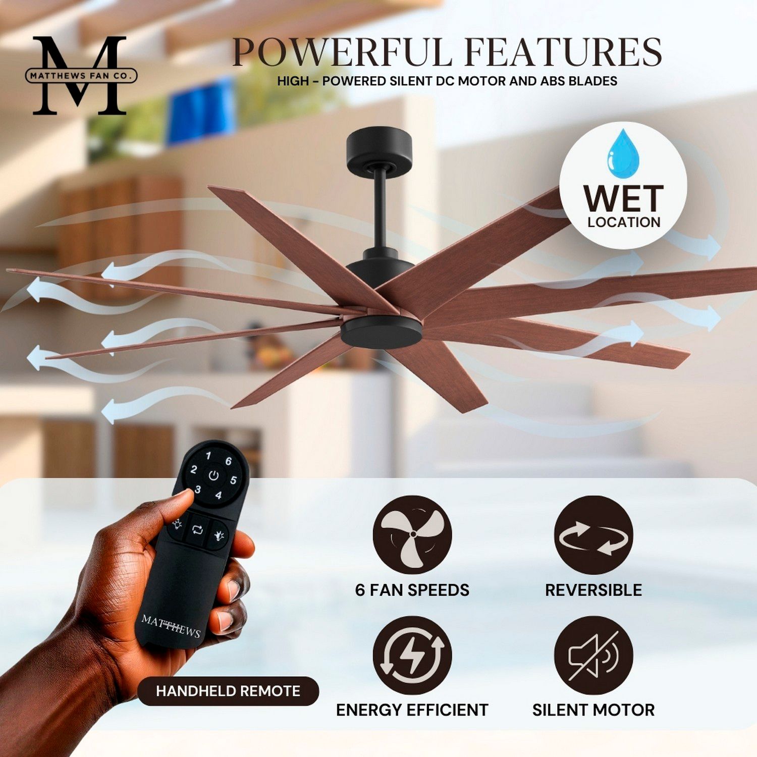 Image 7 Ariella 64" 8-Blade Matte Blavck Ceiling Fan w/ Walnut Blades more views