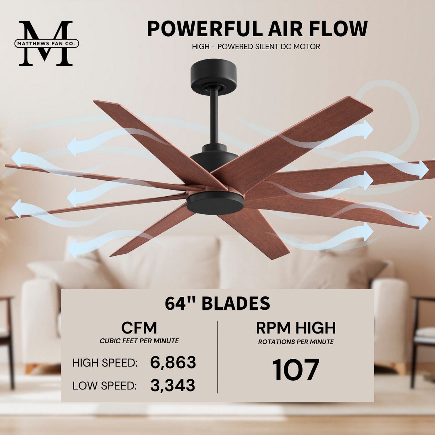 Ariella 64" 8-Blade Matte Blavck Ceiling Fan w/ Walnut Blades