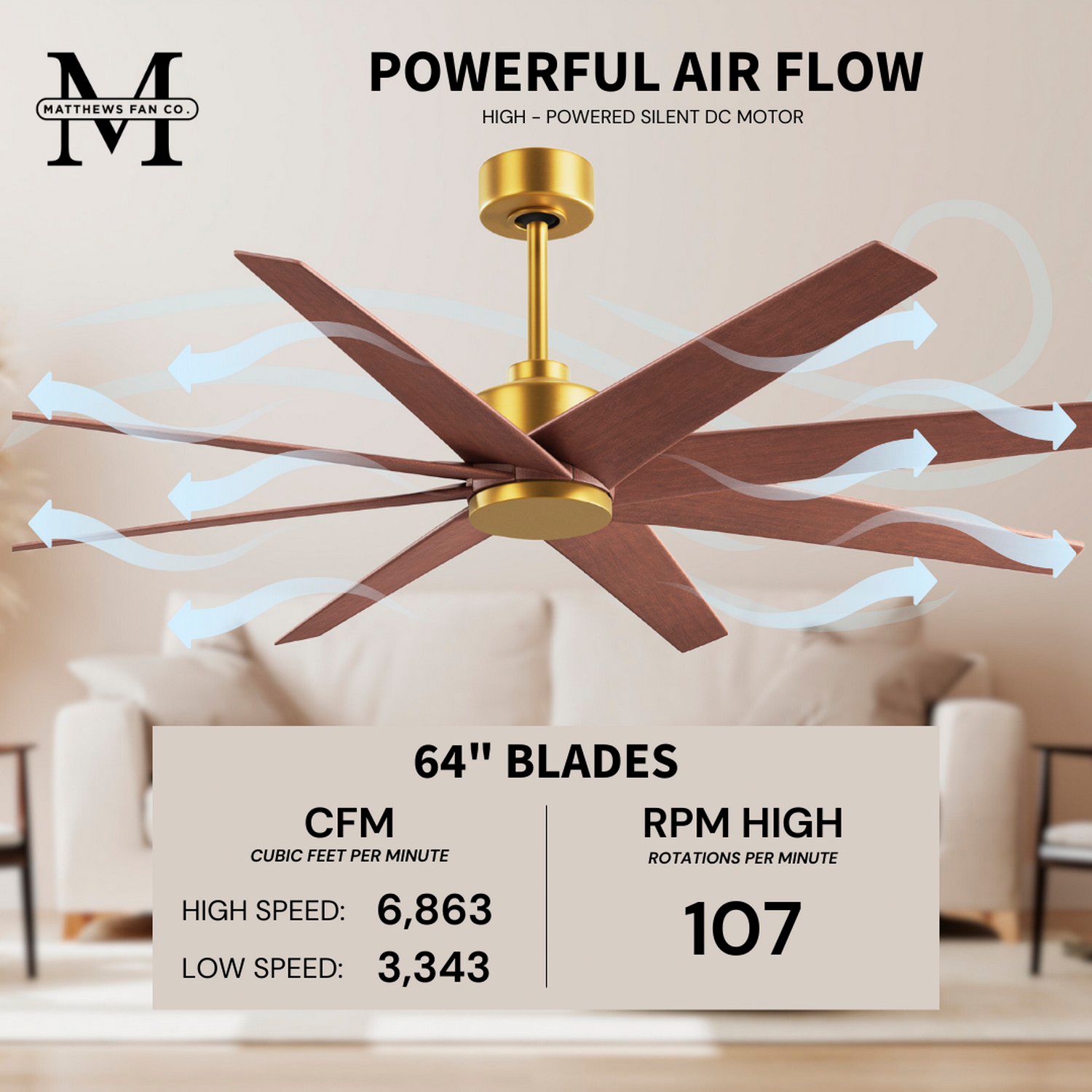 Image 7 Ariella 64"W 8 Blade Brushed Brass Ceiling Fan w/ Walnut Tone Blades more views