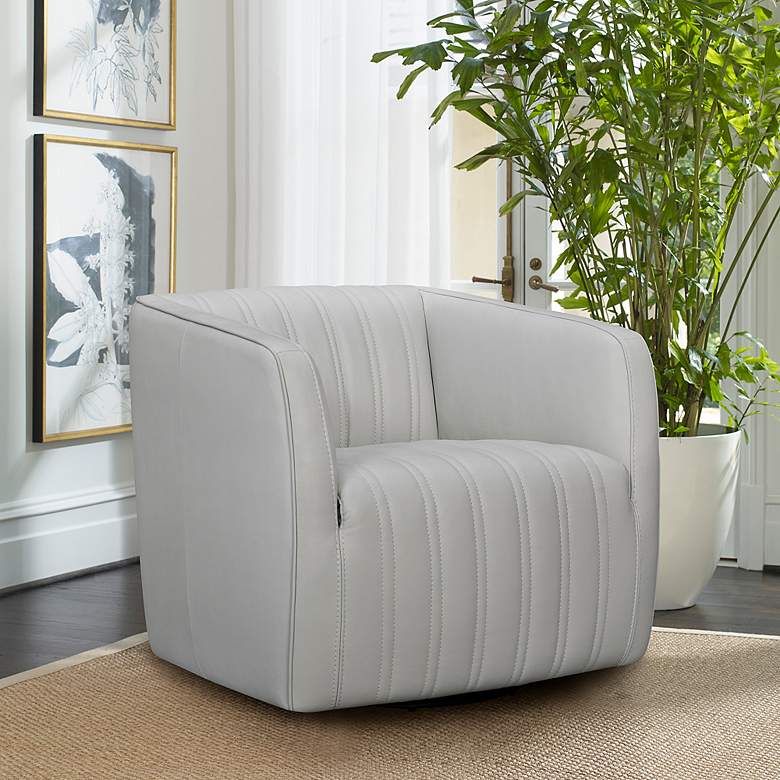 Image 1 Aries Dove Gray Leather Swivel Tufted Barrel Chair