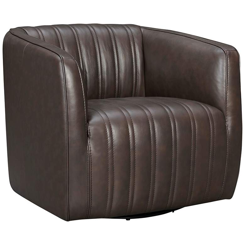 Image 2 Aries Espresso Genuine Leather Swivel Tufted Barrel Chair