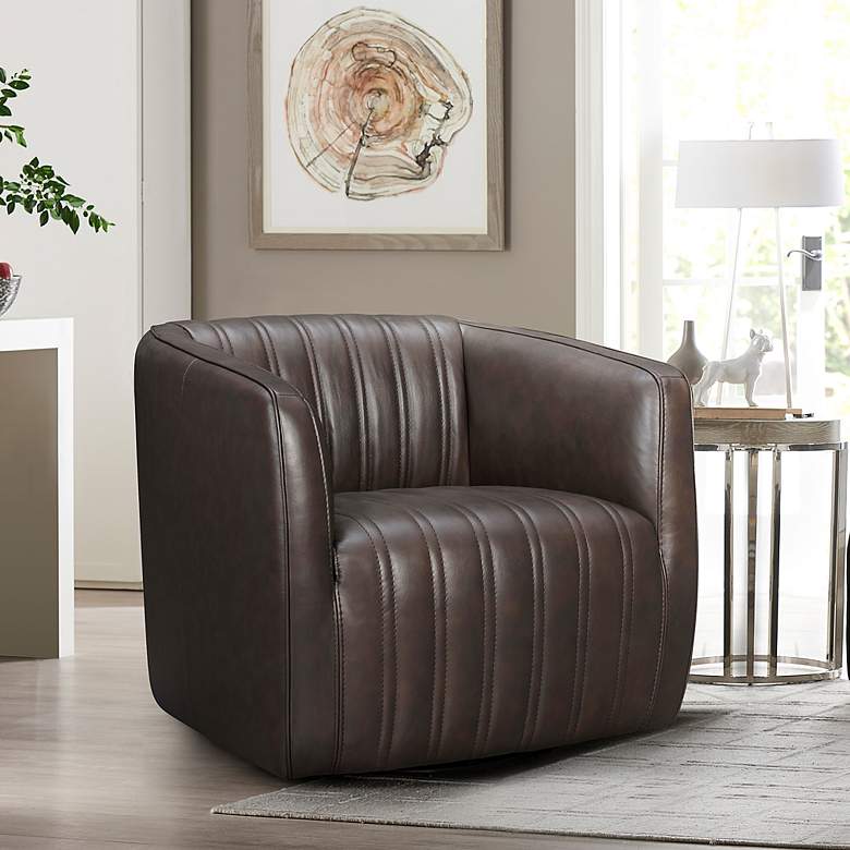 Image 1 Aries Espresso Genuine Leather Swivel Tufted Barrel Chair
