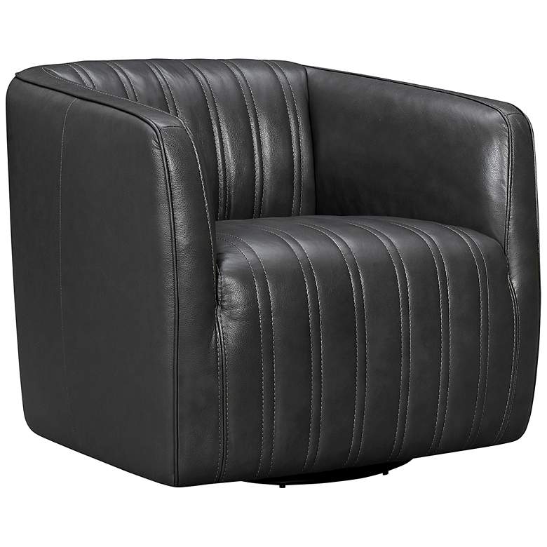 Image 1 Aries Pewter Genuine Leather Swivel Tufted Barrel Chair