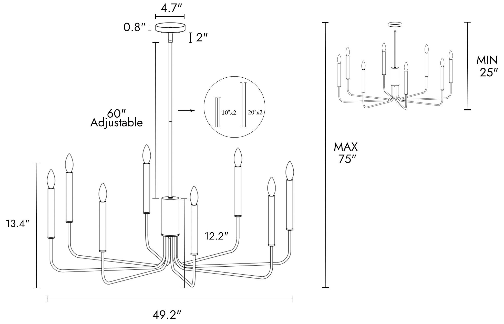 Thumbnail2 of Arlin 49.2" Wide Black 8-Light Candle Chandelier more views